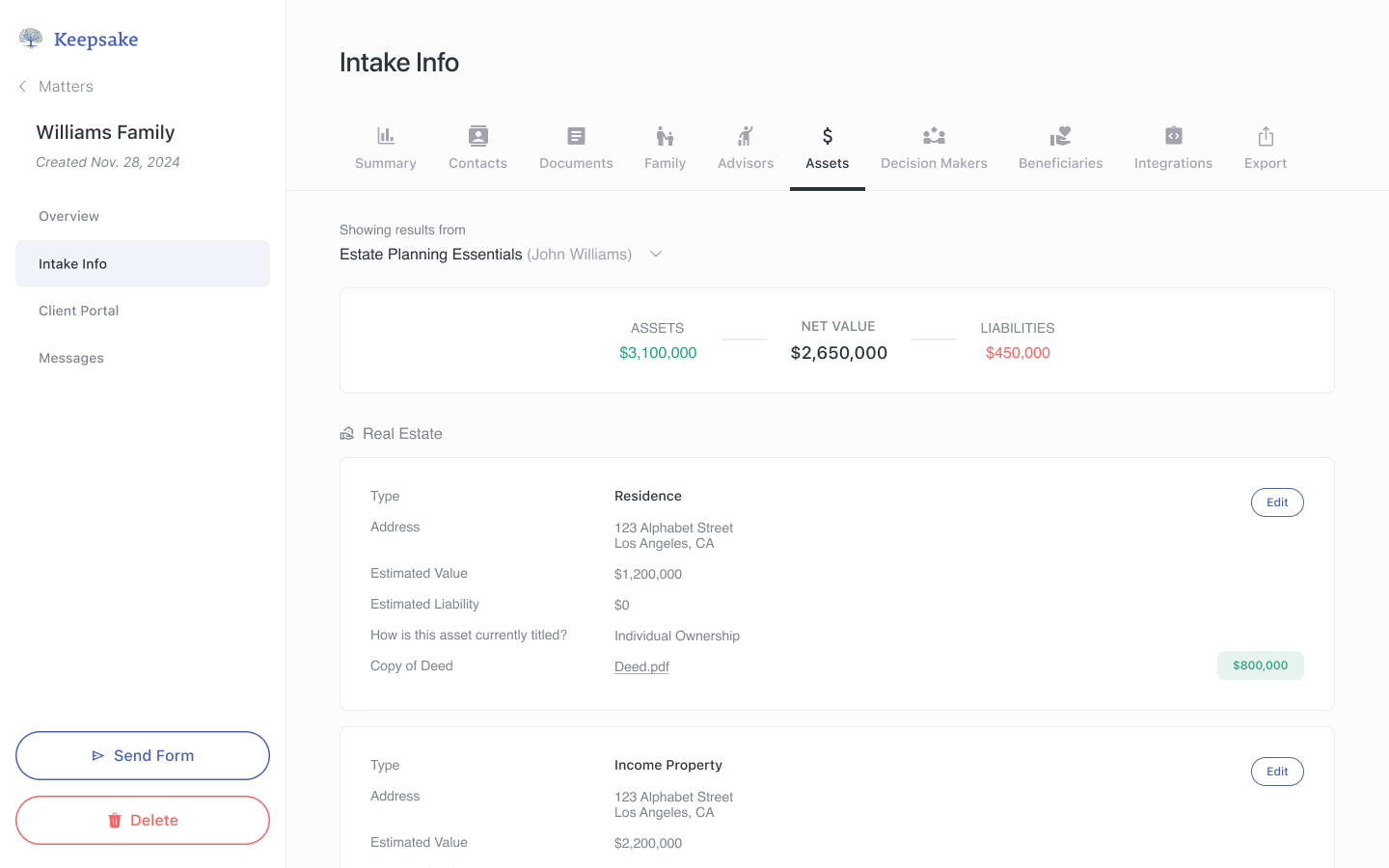 Matter estate info summary